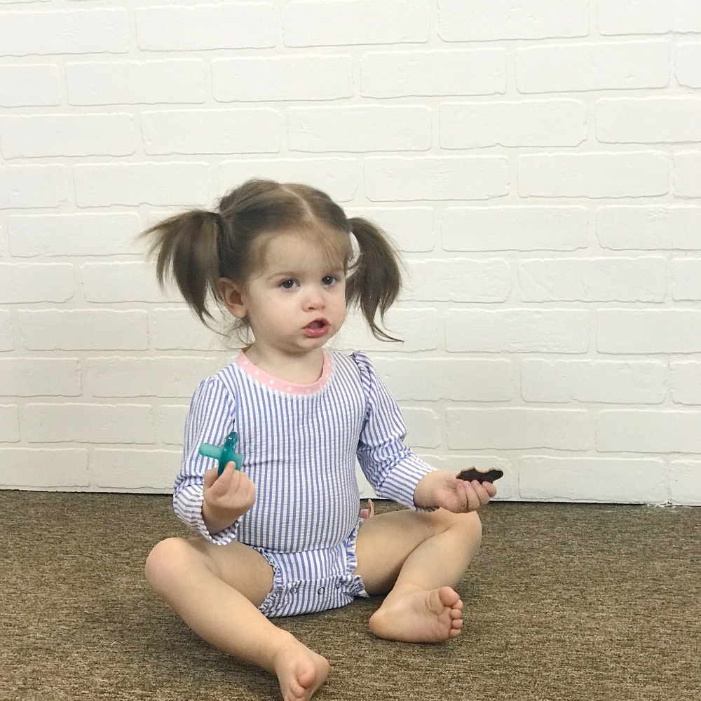 RuffleButts Periwinkle Blue Seersucker Rash Guard